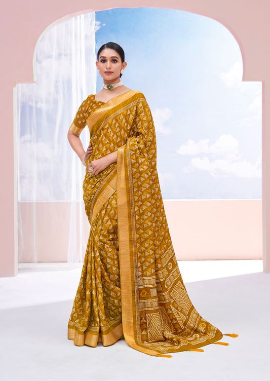 Pirate Gold Wevon Border Designer With Printed Dolla Silk Saree