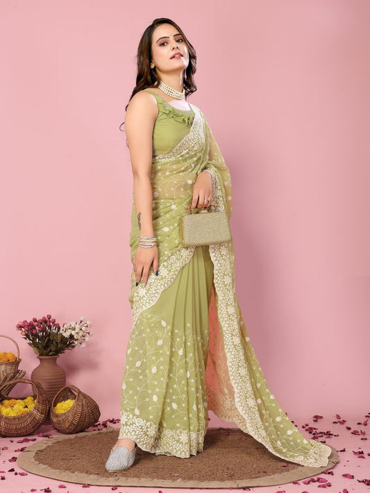 Khaki Thread & Sequance Embroidery Work Georgette Saree