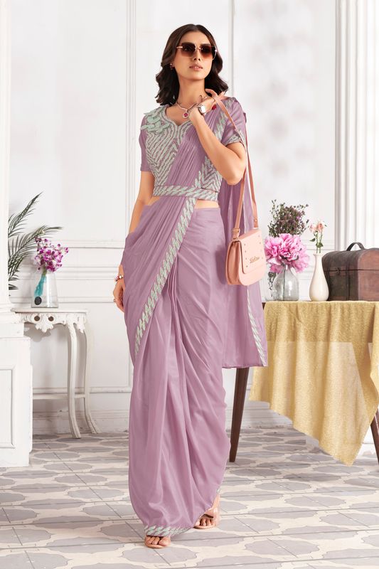 Mouve Designer Sequance Embroidery & Hand Work Satin Silk Saree