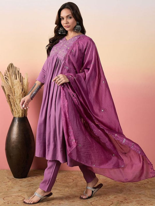 Purple Color Beautiful Woven Silk Readymade Suit with Festive Thread Embroidery Work