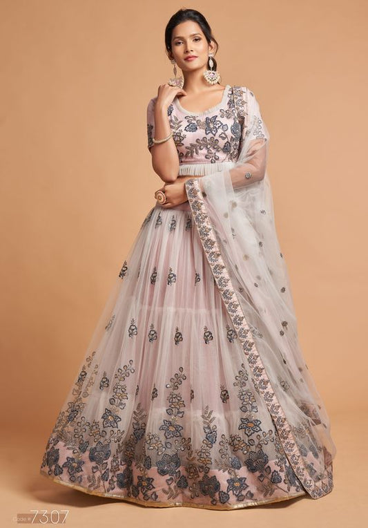 Grey Women's Soft Net Embroidery Lehenga Choli