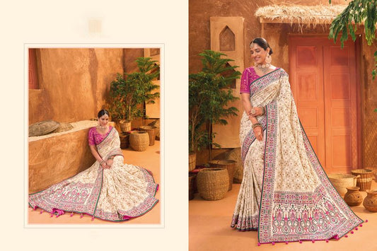 Cream Wevon Designer & Real Mirror & Diamond & Kachhi Work Banaras Silk Saree