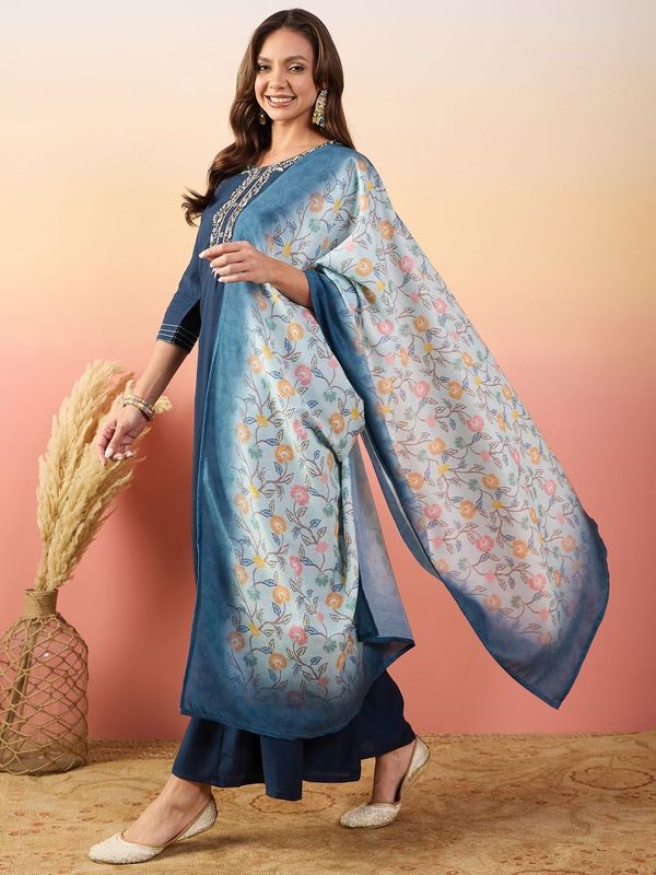 Blue Color Rich Looks Hand Woven Readymade Dress With Sophisticated Embroidery Work