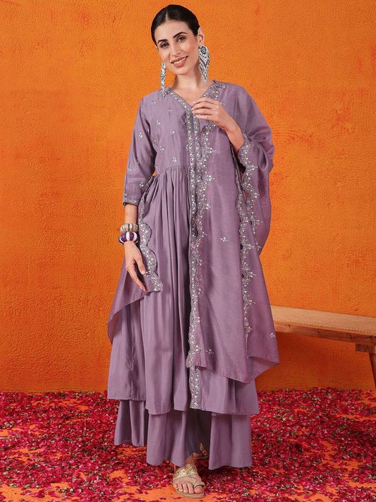 Purple Color Beautiful Partywear Readymade Salwar Kameez