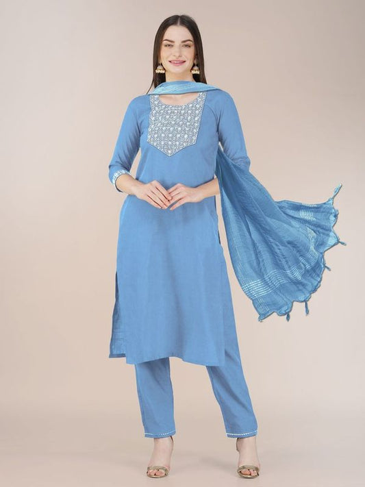 Sky Blue Color Cotton Blend Sophisticated Partywear Suit For Girlie Looks