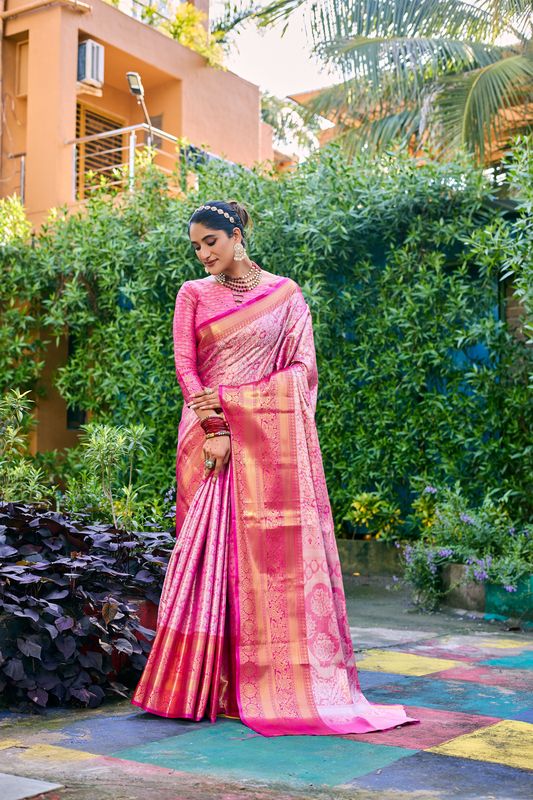 Pink Heavy Wevon Designer Banarasi Handloom Silk Saree