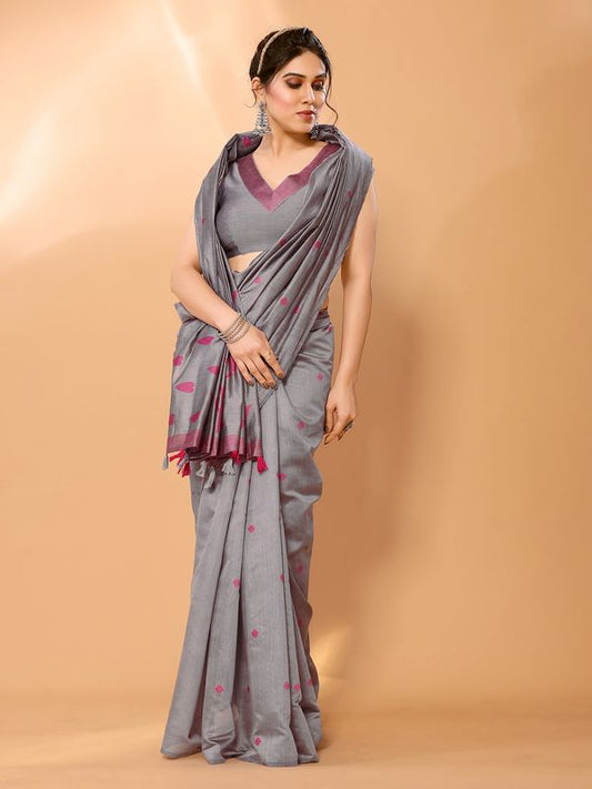 Grey Wevon Jari Designer Chanderi Silk Saree