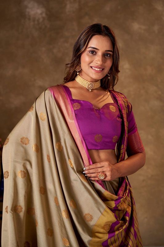 Beige Cotton Striped Saree and Stitched Purple Blouse