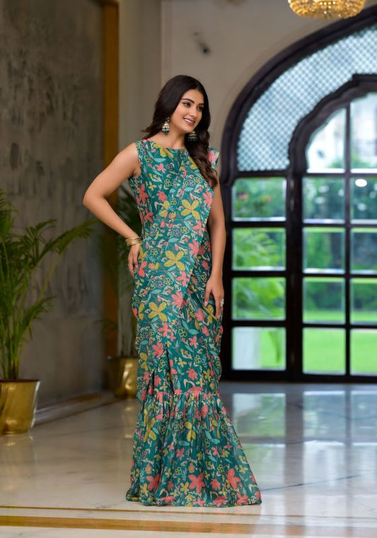 Rama Imported Georgette Designer Printed Gown With Attachable Pallu For One Minute Saree Looks