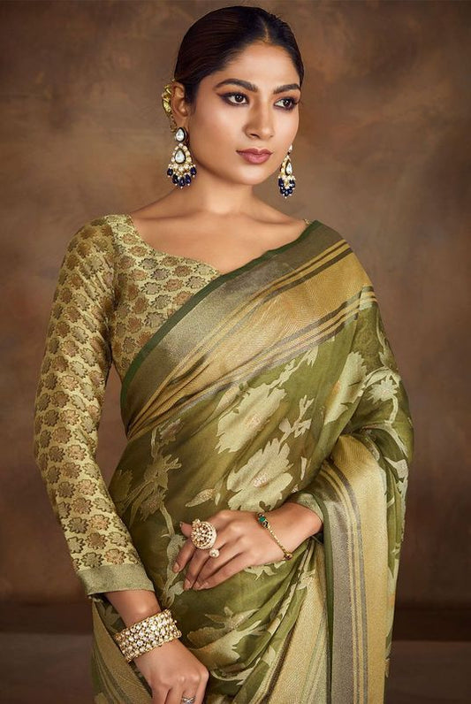 Army Green Wevon Brasso Work Moss Brasso Saree