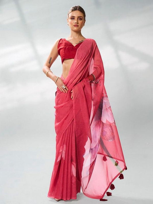 Burgundy Color Organza Fabric Designer Printed Graceful Bollywood Style Party Saree