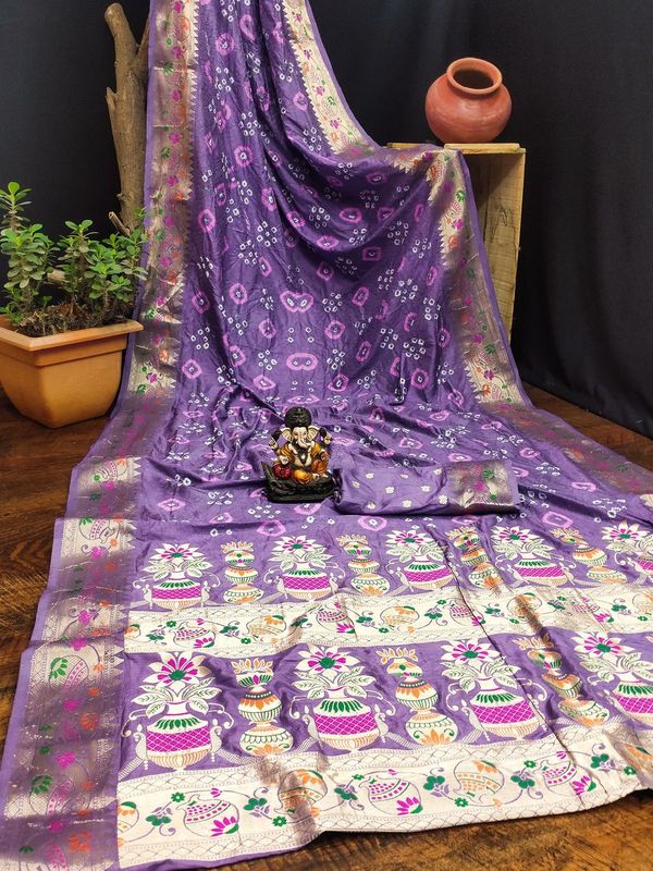Lavender Wevon Matka Border & Pallu Designer & Bandhej Hand Printed Dola Silk Saree