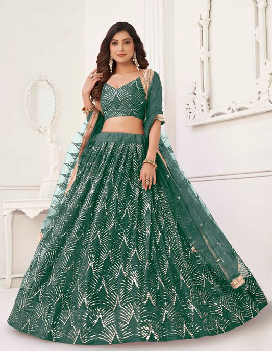 Green Color Net Fabric Lehenga Choli With Sequins And Thread Embroidery Work