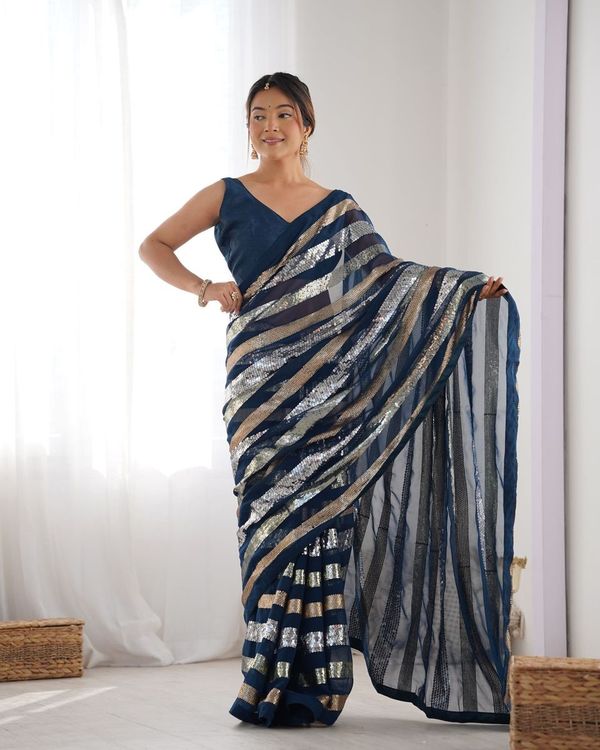 Petrol Sequance Embroidery Work Border Georgette Saree