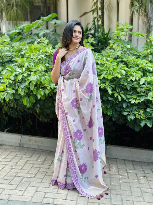 Rich Looks Floral Printed Off White Color Muga Cotton Saree For Sophisticated Looks