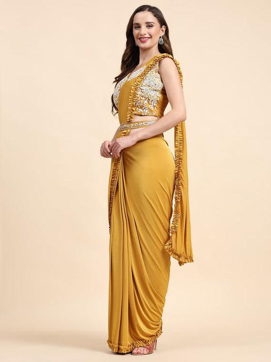 Yellow Solid & Sequance Embroidery Work Lycra Saree