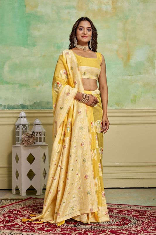 Yellow Color Rich And Elegant Woven Designer Cotton Fabric Saree