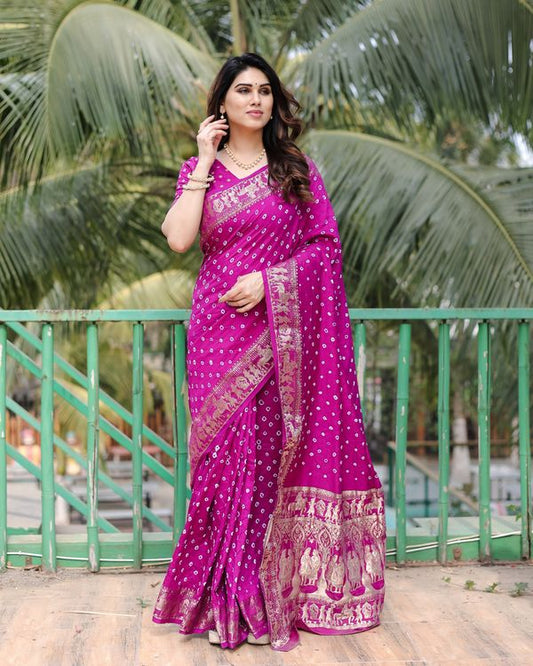 Purple Color Dola Silk Fabric Wevon Border Pallu Designer With Bandhej Work Saree