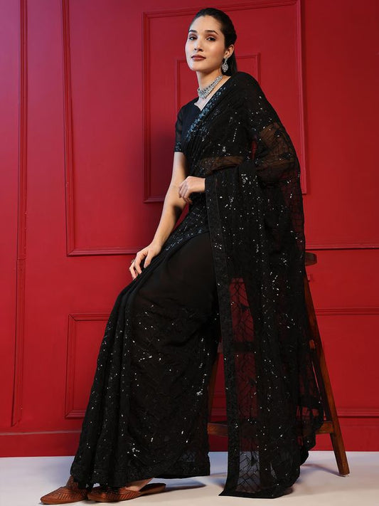 Black Designer Sequance Embroidery Work Georgette Saree