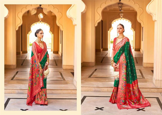 Green & Red Wevon Designer & Printed P V Silk Saree