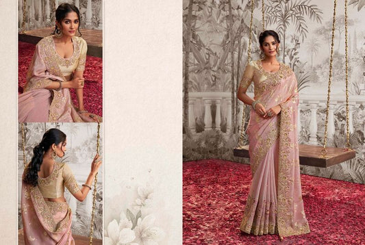 Dusty Pink Heavy Designer Embroidery Work Crush Georgette & Dola Viscose Saree