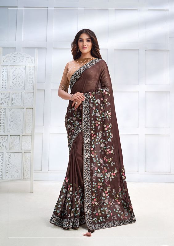 Brown Sequence Embroidered & Stone work Two Tone Georgette Silk Saree
