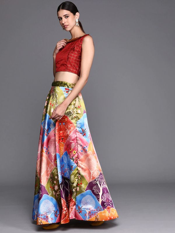 Bandhni Patola Type Digital Print Shiney Satin Croptop Lehenga Choli With Blouse For Women and Girls