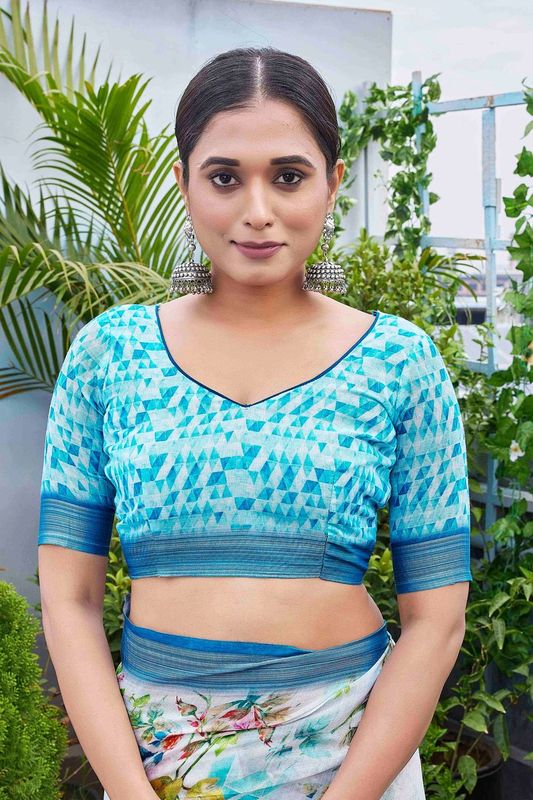 Blue Color Linen Blend Smart Ethnic Saree With Trendy Digital Print Work