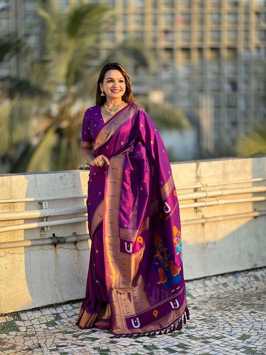 Purple Wevon Paithani Vitthala Designer Soft Silk Saree