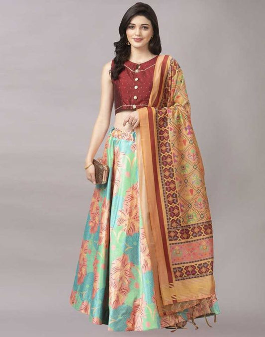 Digital Print Satin Silk Fabric Stitched Lehenga Choli With Jequared Blouse and Assami Silk Thread Work Dupatta For Women and Girls In Festive Party And Traditional Wear