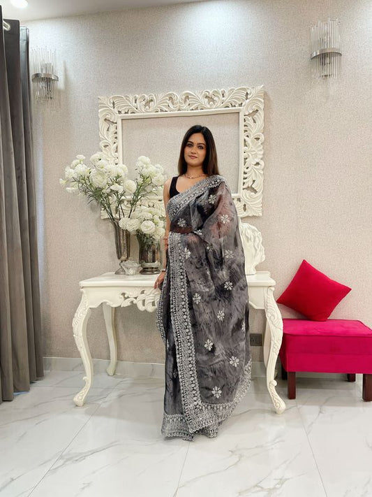 Black Printed & Silver Jari Embroidery Work Jimmy Choo Saree