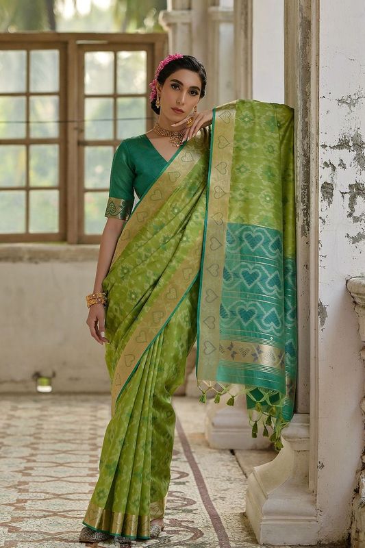 Pista All Over Ikkat Woven Design With Contrast Pallu  Saree