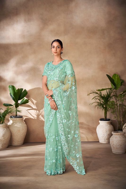 Mint Green Thread & Sequance Embroidery & Zarkan Work Net Saree