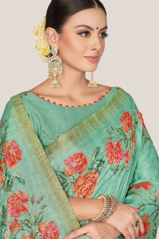 Sea Green Rangkat Tussar Silk Floral Printed With Sequence Embroidery Work Heavy Wedding Ceremony Wear Saree