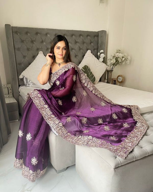 Purple Heavy Golden Jari Embroidery Work Organza Silk Saree