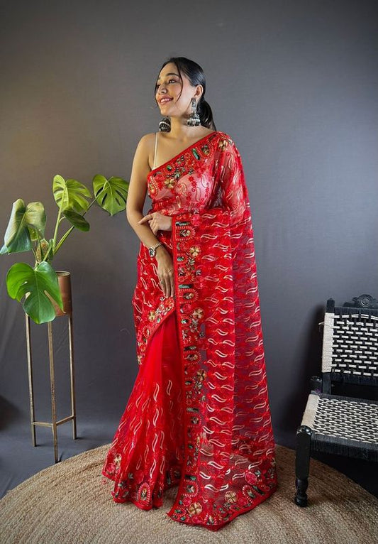 Red Multy Thread Embroidery Work Butterfly Net Saree