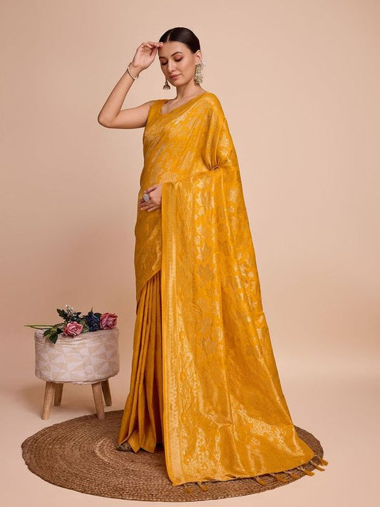 Mustard Weaving Copper Jari Designer Handloom Silk Saree