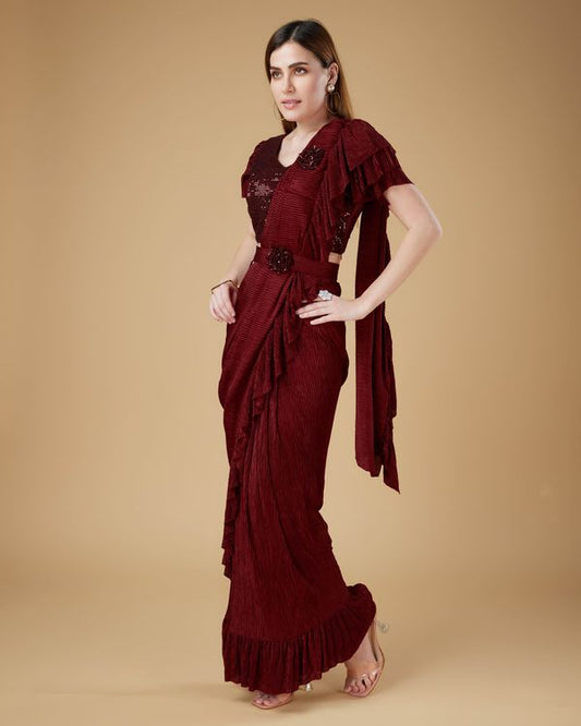 Maroon Sequance Embroidery Work Imported Crush Saree