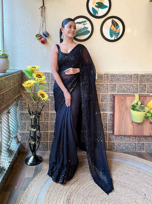 Black Color Georgette Fabric Beautiful Sequins Embroidery Cut Work Girlie Saree