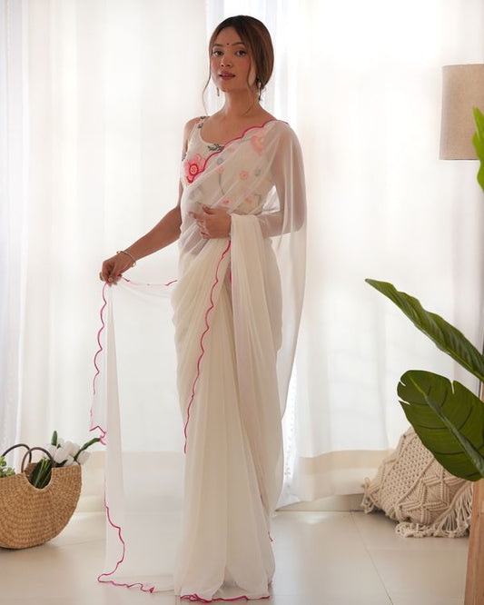 Off White Color Solid Plain Georgette Saree With Graceful Embroidered Blouse