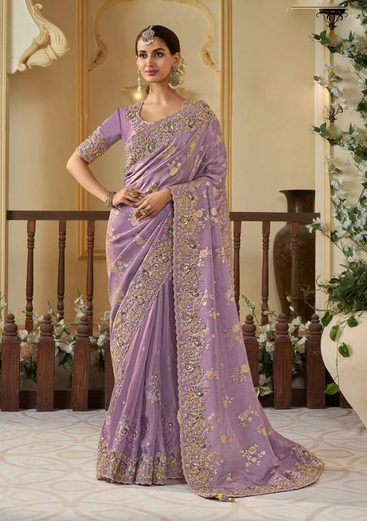 Purple Wevon Jacquard Designer Embroidery Work Viscose Orgenza Saree