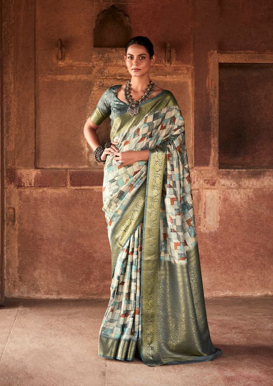 Grey  Weaving Border Designer & Digital Printed Handloom Silk Saree