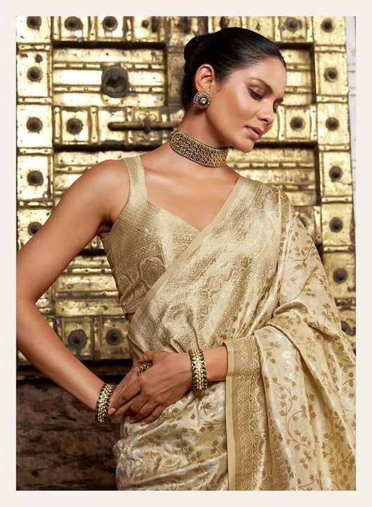 Beige Weaving Jacquard Jari Designer Banarasi Silk Saree