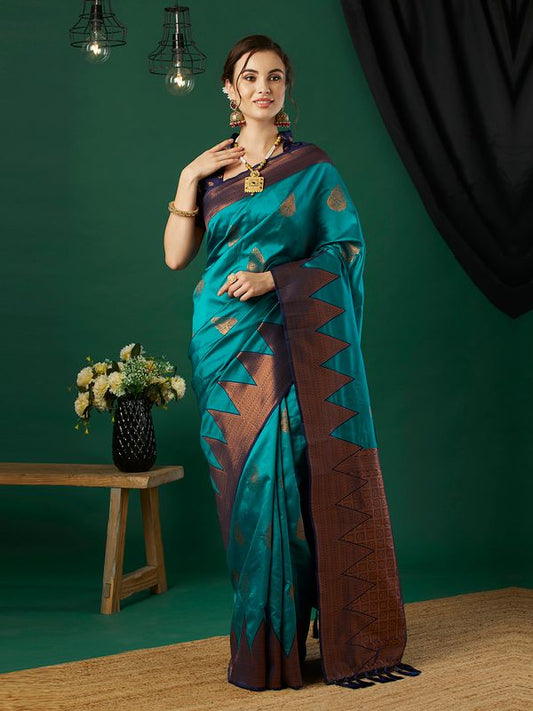 Aqua Blue Banarasi Silk Wevon Jari Designer Heavy And Ethnic Partywear Saree