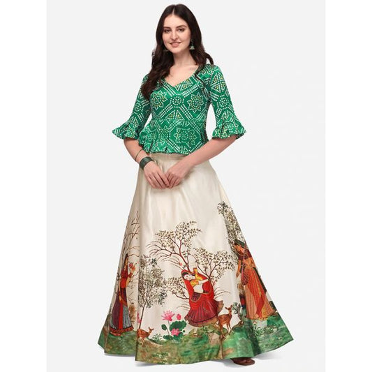 Digital Print Satin Silk Fabric Stitched Lehenga Choli With Jequared Blouse and Assami Silk Thread Work Dupatta For Women and Girls In Festive Party And Traditional Wear