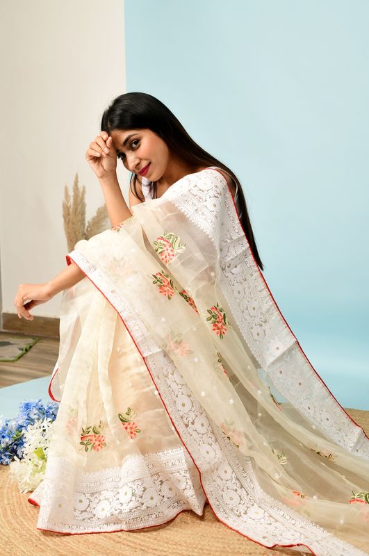 Off White Designer Embroidery Work Organza Saree