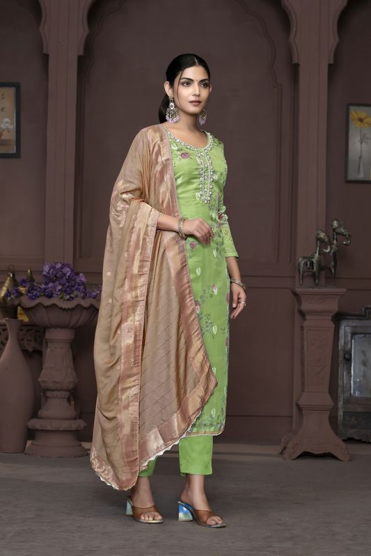 Green Banarasi Organza Designer Printed With Hand Work Heavy Looks Traditional Salwar Suit For Indian Girls