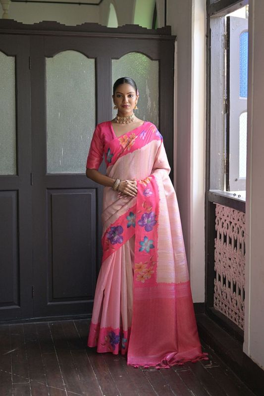 Pink Wevon Jari Designer & Printed Soft Silk Saree