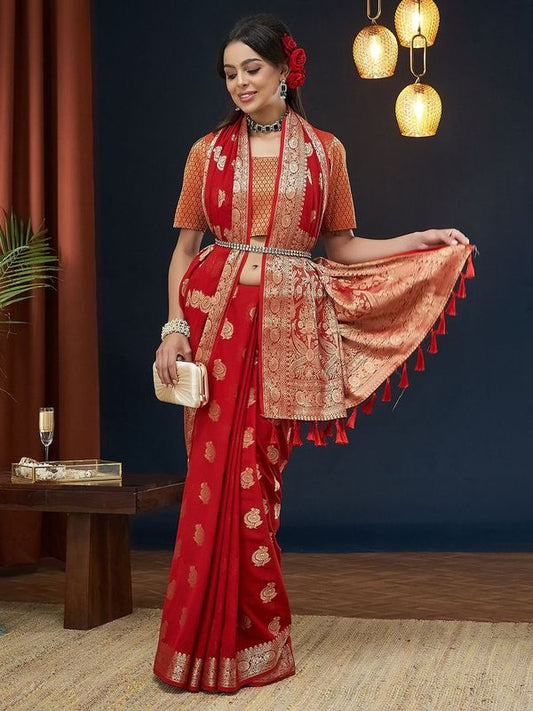 Red Wevon Jacquard Designer Georgette Saree