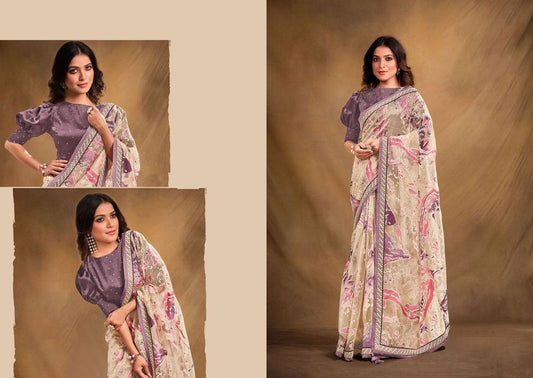 Cream Designer Embroidery & Stone Work Organza Saree